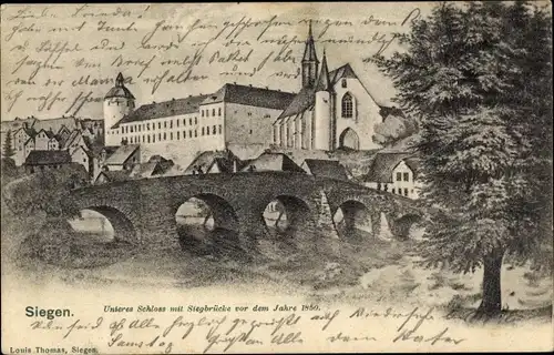 Ak Siegen in Westfalen, Unteres Schloss, Siegbrücke, Situation vor 1850