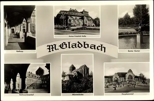 Ak Mönchengladbach am Niederrhein, Rathaus, Kaiser Friedrich Halle, Münsterkirche, Hauptbahnhof