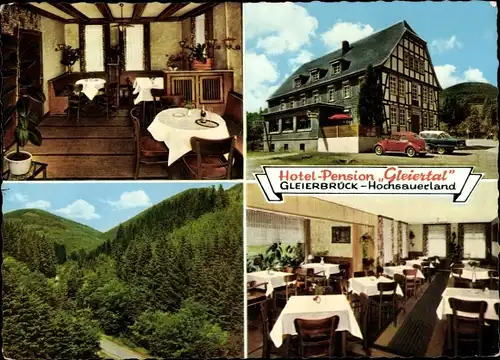 Ak Gleierbrück Lennestadt im Sauerland, Hotel Pension Gleiertal, Gasträume, Hausansicht, Waldpartie