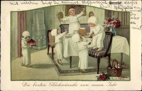 Künstler Ak Ebner, Pauli, Glückwunsch Neujahr, Tischrunde, Kinder, Kuchen, Sekt