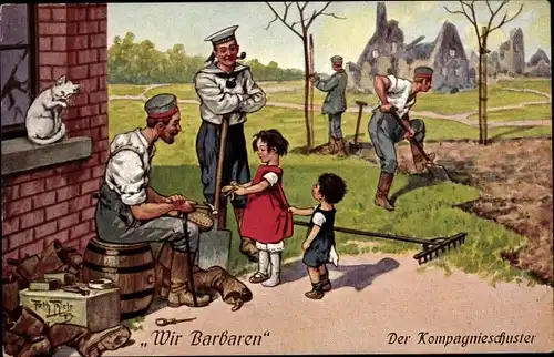 Künstler Ak Thiele, Arthur, Wir Barbaren, Der Kompagnieschuster besohlt Kindern die Schuhe