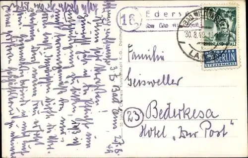 Ak Landpoststempel Edersee über Bad Wildungen 16