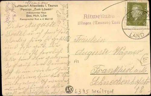 Ak Landpoststempel Altweilnau über Usingen (Taunus) Land