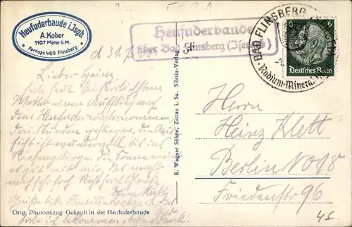 Ak Landpoststempel Heufuderbaude über Bad Flinsberg (Isergeb.)