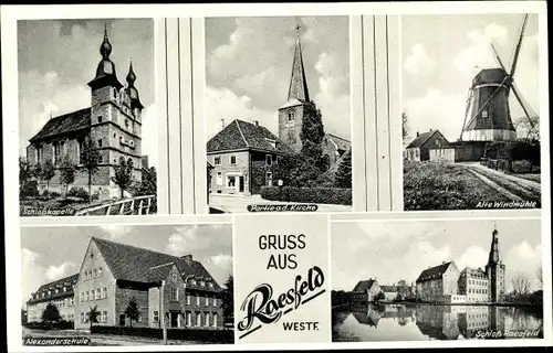Ak Raesfeld im Münsterland, Schlosskapelle, Schloss Raesfeld, Alexanderschule, Windmühle, Kirche