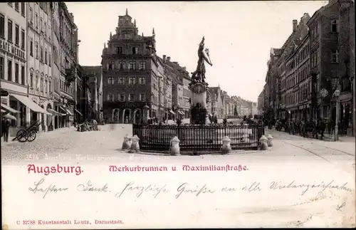 Ak Augsburg in Schwaben, Merkurbrunnen, Mittlere Maximilianstraße