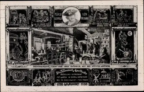 Ak Eutritzsch Leipzig, Droschkengaul Liese holt Kutscher aus der Kümmel Apotheke, Leopold v. Dessau