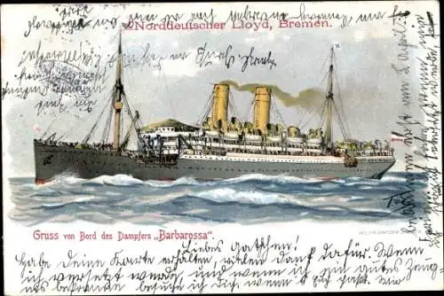 Künstler Litho Dampfer Barbarossa, Norddeutscher Lloyd Bremen