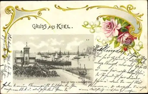 Passepartout Ak Kiel in Schleswig Holstein, Blick auf Hafen und Landungsbrücken, Blumen