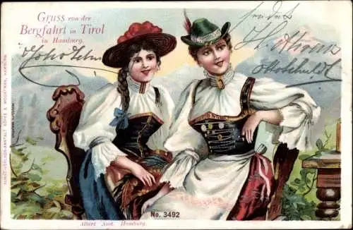 Litho Hamburg Altona, Gruß von der Bergfahrt in Tirol, Frauen in Trachten