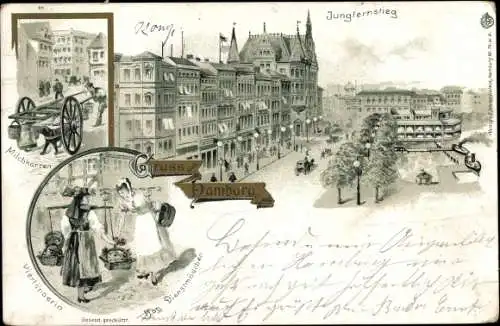 Litho Hamburg Mitte Altstadt, Milchkarren, Jungfernstieg, Vierländerin, Dienstmädchen