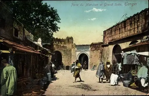 Ak Tanger Marokko, Porte du Marchan et Grand Soko, Marktplatz, Araber, Tor, Maghreb