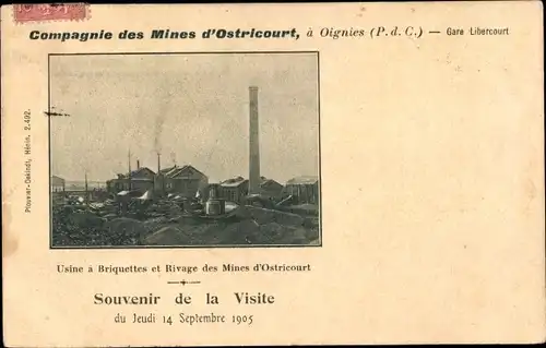 Ak Oignies Pas de Calais, Compagnie des Mines d'Ostricourt, usine a Briquettes et Rivage