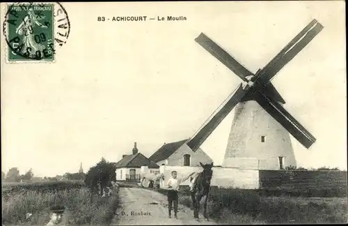 Ak Achicourt Pas de Calais, Le Moulin, Windmühle, Pferd