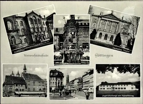 Ak Göttingen, Auditorium, Deutsches Theater, Gänselieselbrunnen, Rathaus, Jugendherberge Habichtsweg