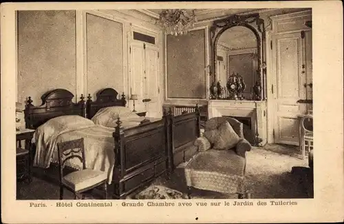 Ak Paris I Louvre, Hotel Continental, Grande Chambre avec vur sur le Jardin des Tuileries