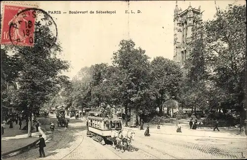 Ak Paris IV, Boulevard de Sebastopol, Tour Saint Jacques, Pferdestraßenbahn