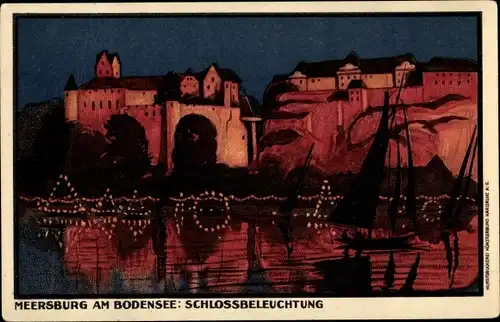 Litho Meersburg im Bodenseekreis Baden Württemberg, Schlossbeleuchtung