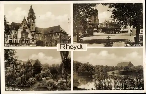 Ak Rheydt Mönchengladbach am Niederrhein, Rathaus, Sparkasse, Marienplatz, Schloss, Stadtwald