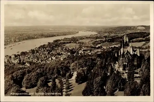 Ak Königswinter am Rhein, Drachenfels, Drachenburg, Gesamtansicht