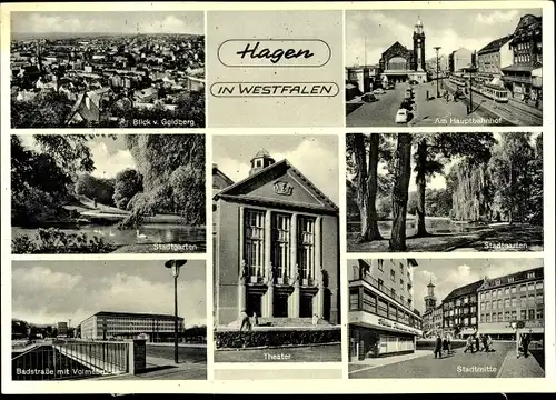 Ak Hagen in Westfalen, Hauptbahnhof, Panorama, Stadtgarten, Badstraße, Volmebrücke, Theater