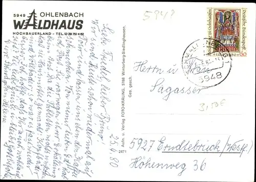 Ak Ohlenbach Schmallenberg im Sauerland, Waldhaus, Landschaftsblick, Gastraum
