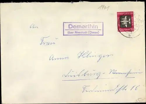 Briefumschlag Landpoststempel Demerthin über Neustadt (Dosse)