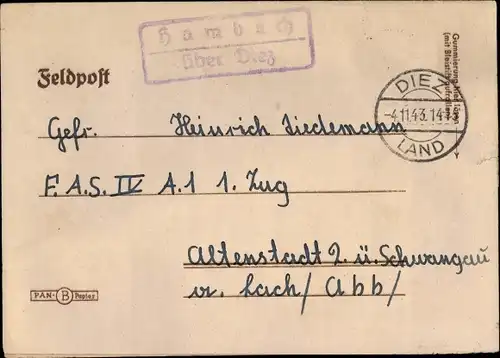 Briefumschlag Landpoststempel Hambach über Diez