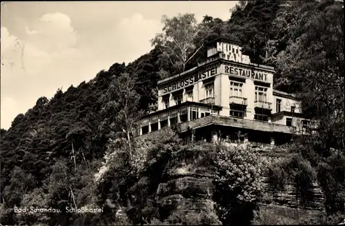 Ak Bad Schandau an der Elbe, Blick hinauf zum Restaurant Schlossbastei