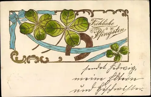Glitzer Präge Ak Glückwunsch, Pfingsten, Klee, Hufeisen