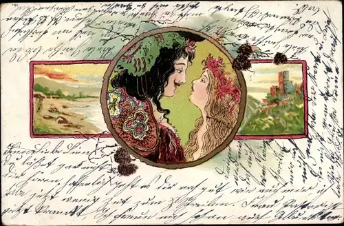 Litho Mann und Frau, Burg, Landschaft