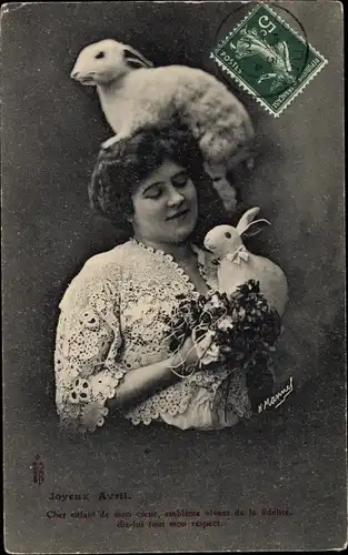 Ak Glückwunsch April, Frau mit Osterhasen