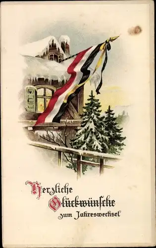 Litho Neujahr Glückwunsch, Reichsflagge an Haus, Winter