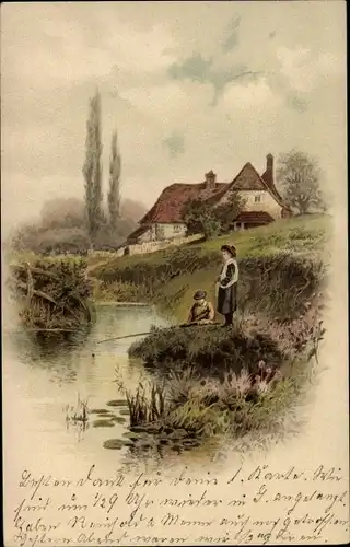 Ak Heimatklänge Landschaftsbild, Wasserlauf, Angler, Mädchen