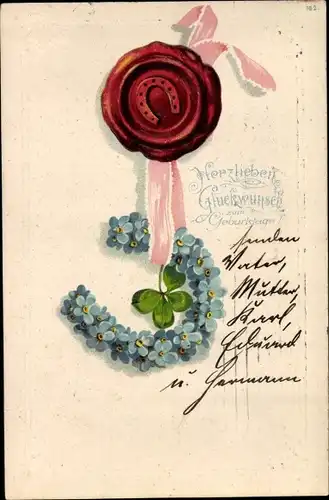 Präge Litho Glückwunsch Geburtstag, Vergissmeinnicht, Hufeisen