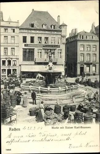 Ak Aachen in Nordrhein Westfalen, Markt mit Kaiser Karl Brunnen