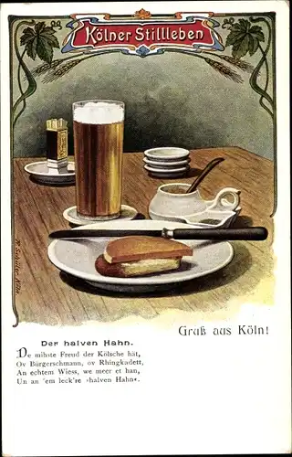 Künstler Ak Köln am Rhein, Kölner Stillleben, Der halven Hahn, Bierglas