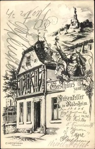 Künstler Ak Heermann, E., Rüdesheim, Gasthaus zum Felsenkeller, Denkmal