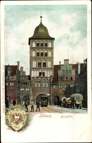 Ak Hansestadt Lübeck, Tram am Burgtor, Fuhrwerk, Wappen