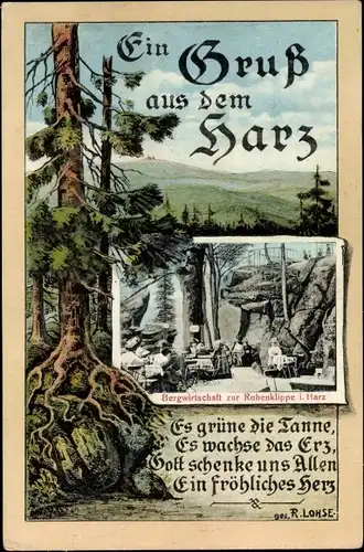 Ak Bad Harzburg in Niedersachsen, Bergwirtschaft zur Rabenklippe, Tannenbäume, Gedicht v. R. Lohse