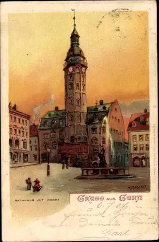 Künstler Litho Drescher, A., Gera in Thüringen, Rathaus mit Markt, Fontäne