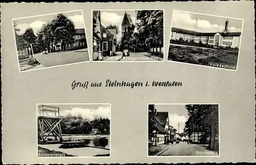 Ak Steinhagen in Westfalen, Dorfmitte, Kirche, Kriegerdenkmal, Volksschule, Badeanstalt