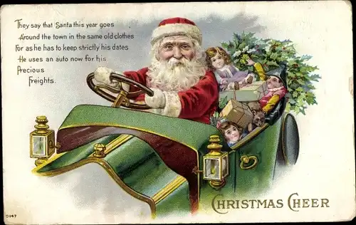 Ak Frohe Weihnachten, Christmas Cheer, Weihnachtsmann im Automobil, Geschenke