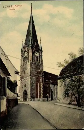 Ak Schkeuditz in Sachsen, Kirche, Straßenpartie