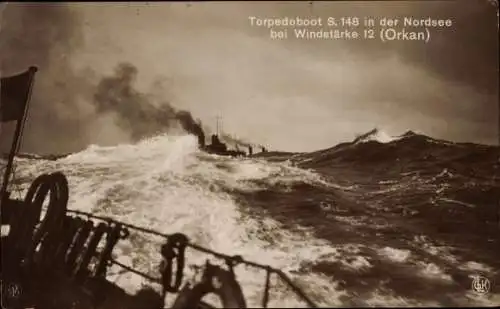 Ak Deutsches Kriegsschiff, S 148, Torpedoboot in der Nordsee, Orkan