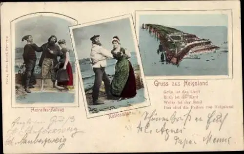 Ak Nordseeinsel Helgoland, Totalansicht, Nationaltanz, Trachten, Heiratsantrag