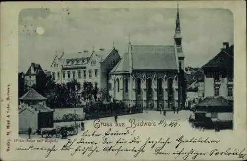 Mondschein Ak České Budějovice Budweis Südböhmen, Teilansicht mit Kirche