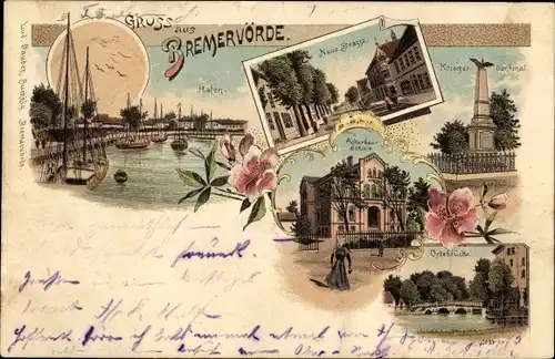 Litho Bremervörde in Niedersachsen, Hafen, Neue Straße, Ackerbauschule, Ostebrücke