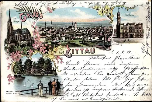 Litho Zittau in Sachsen, Kath. Kirche, Rathaus, Weinau Restaurant