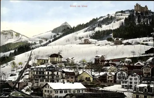 Ak Glion Montreux Kanton Waadt, Glion en hiver, Ortsansicht, Häuser